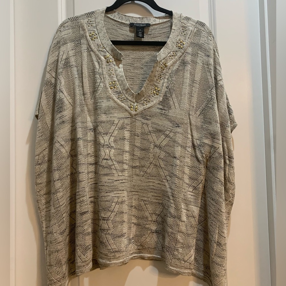 White House Black Market Beige Embellished Dolman Split VNeck Sweater Medium.
